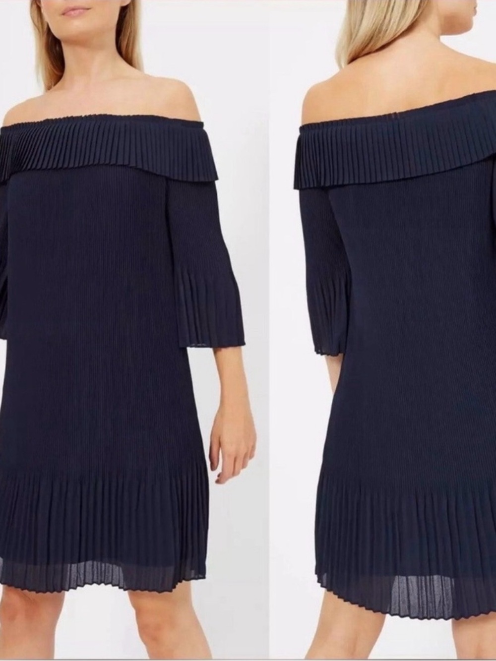Ted Baker Navy Off-the-Shoulder Pleated Midi Dress